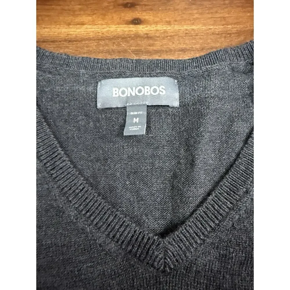 Bonobos Slim Fit V-Neck Pullover Sweater Mens M Gray Solid Knit Long Sleeve